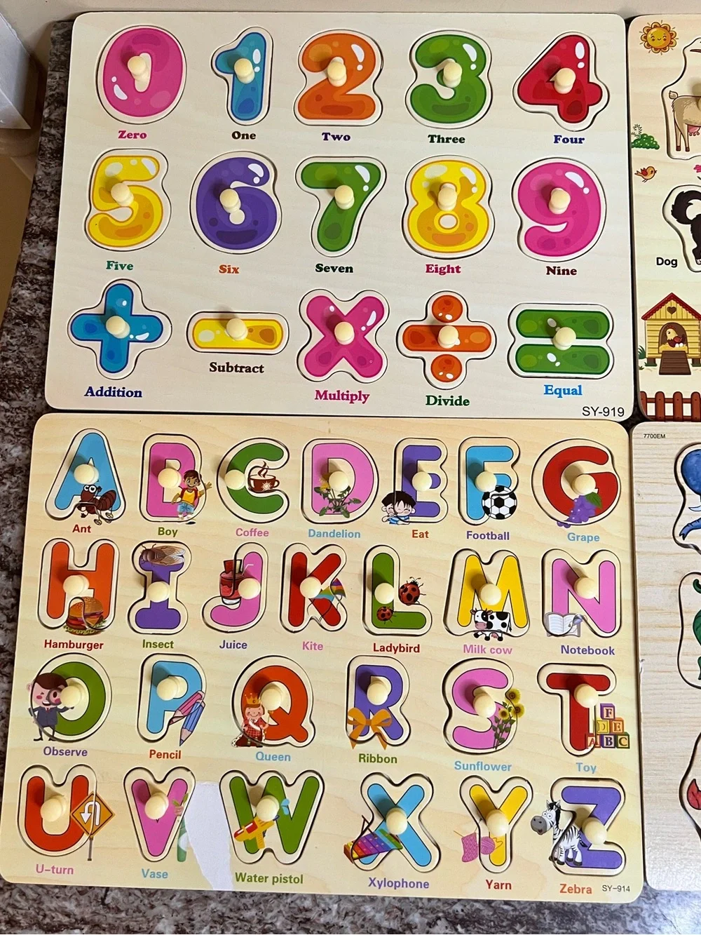 6 Children’s peg puzzles of Bugs, Farm Animals, Zoo Animals, ABC’s & Number’s